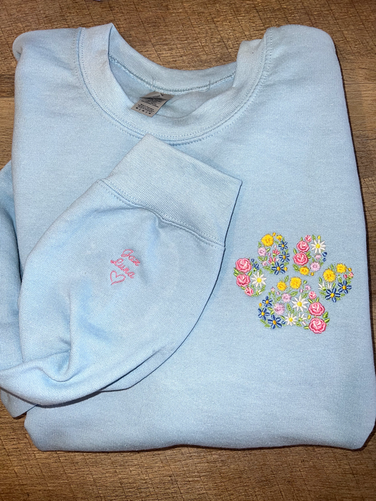 Floral Dog Paw Print Embroidered Crewneck